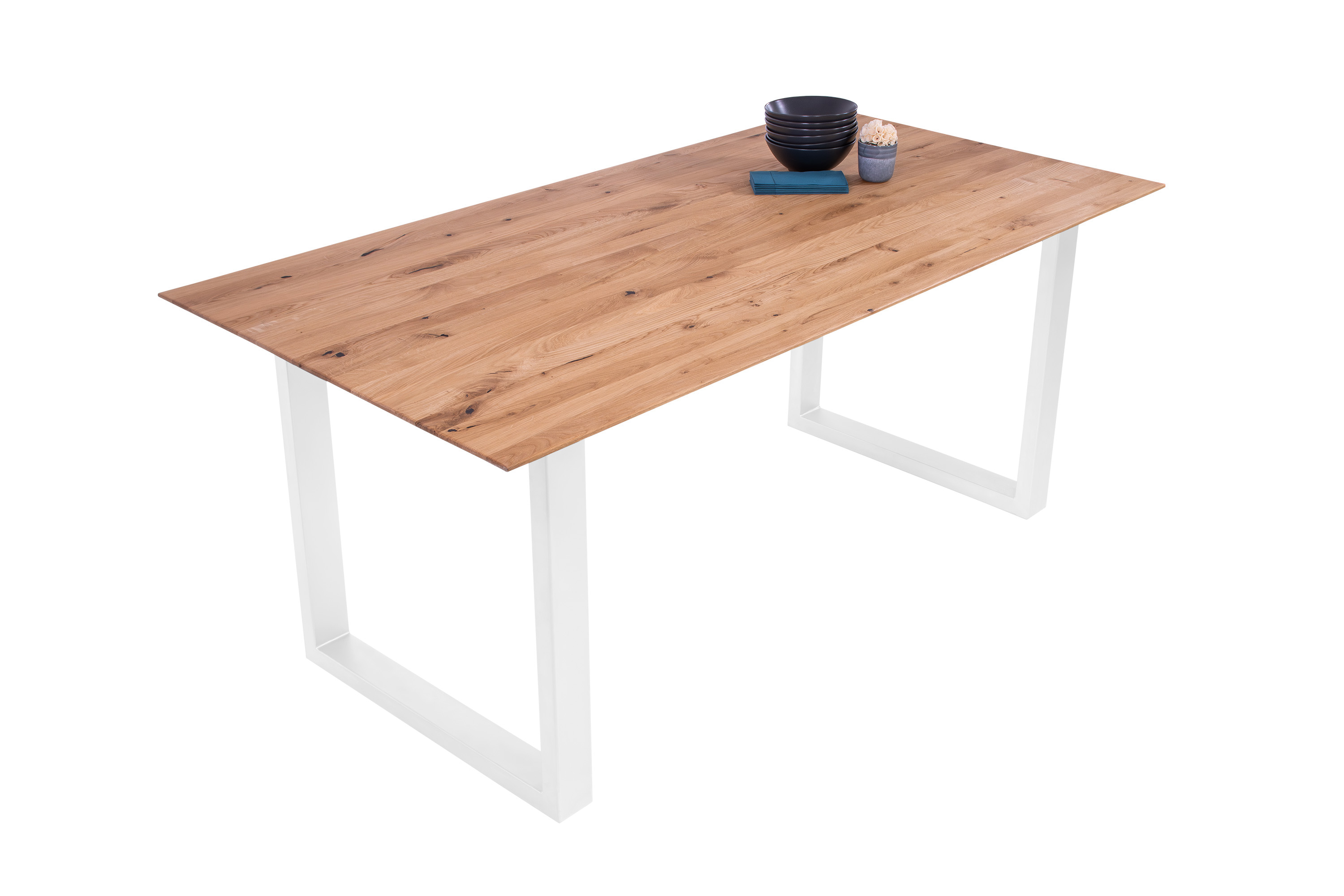 Esszimmertisch Schweizer Kante eckig massiv & geölt Eiche 160x85 weiß U-Gestell Lotte