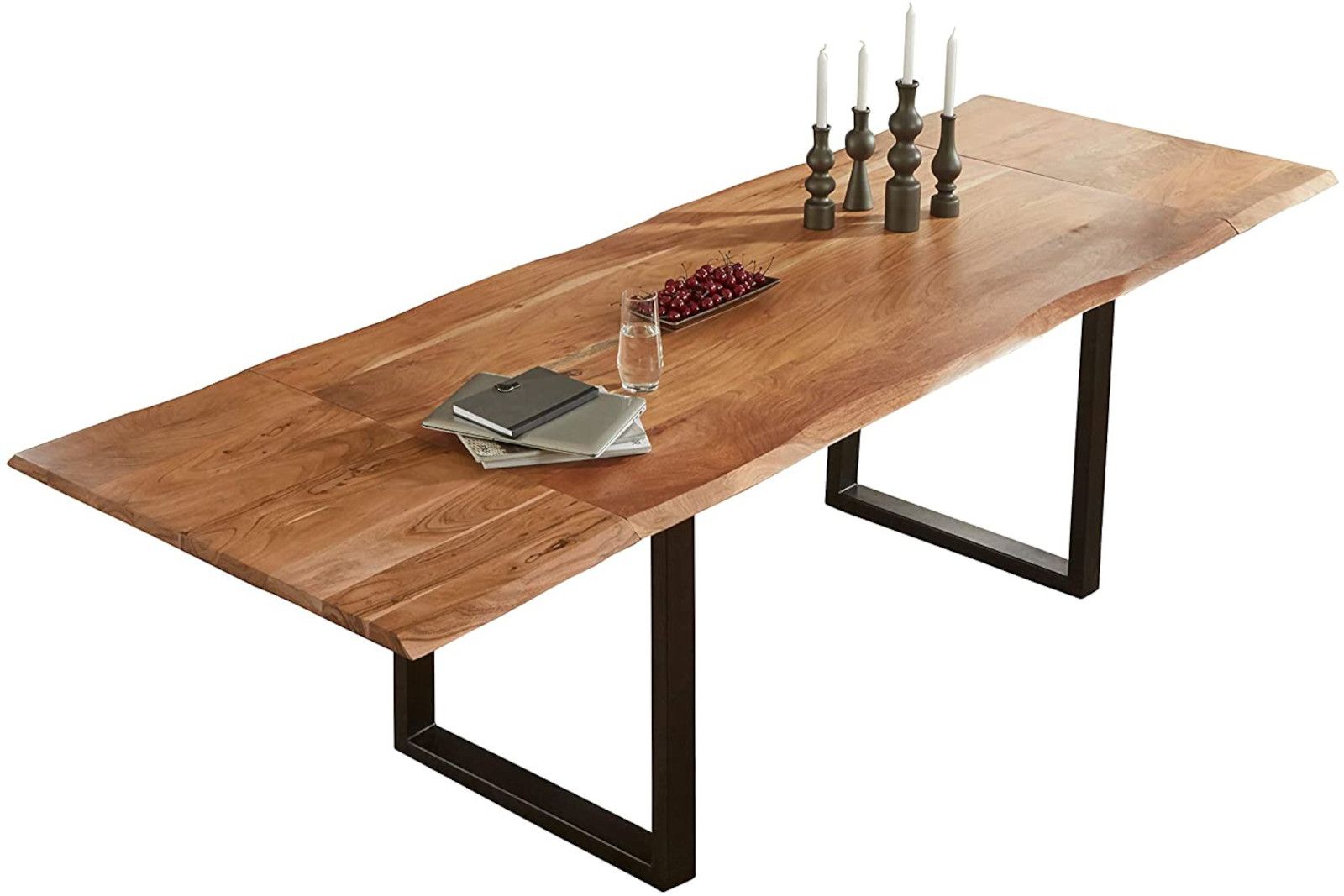 Esstisch Baumkante Akazie natur 120(200)x90 Ansteckplatten schwarz ADINA