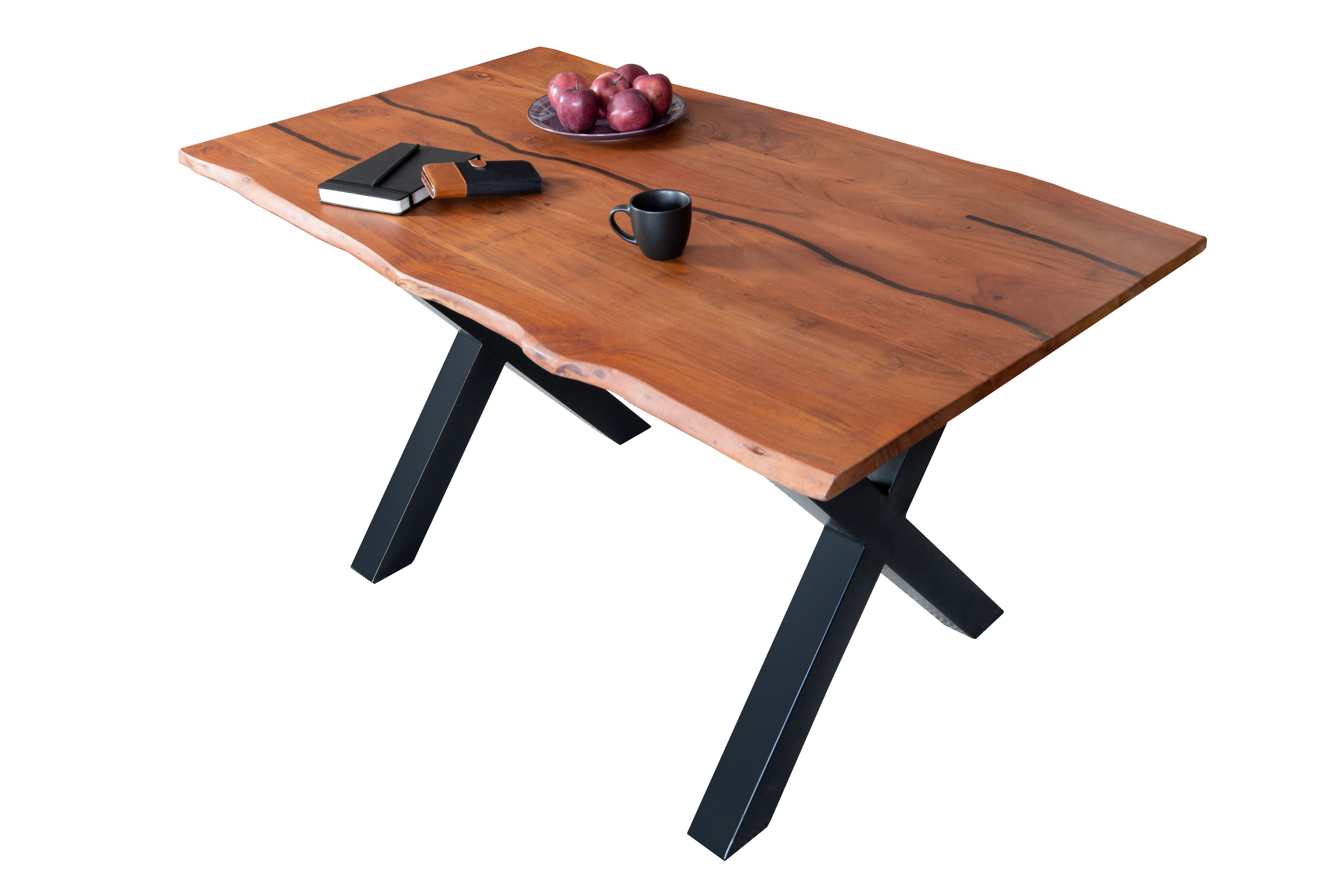 Baumkantentisch Akazie mit schwarzen Resin-Adern nussbaumfarben 140 x 80 cm X-Gestell schwarz POLLY Baumkantentisch Akazie mit schwarzen Resin-Adern nussbaumfarben 140 x 80 cm X-Gestell schwarz POLLY