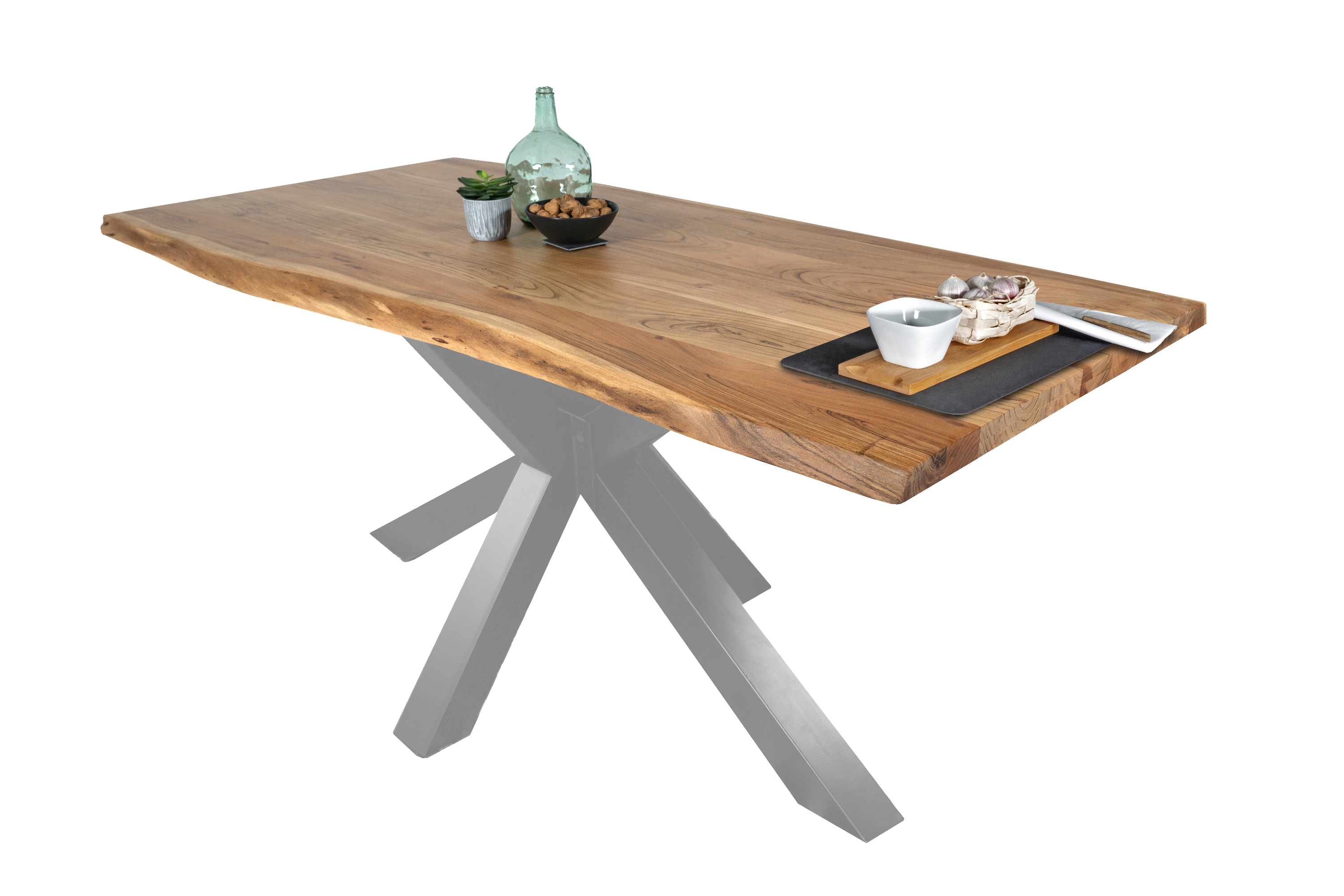 Esstisch Baumkante massiv Akazie Natur 280 x 100 Spider-Gestell silber TIM