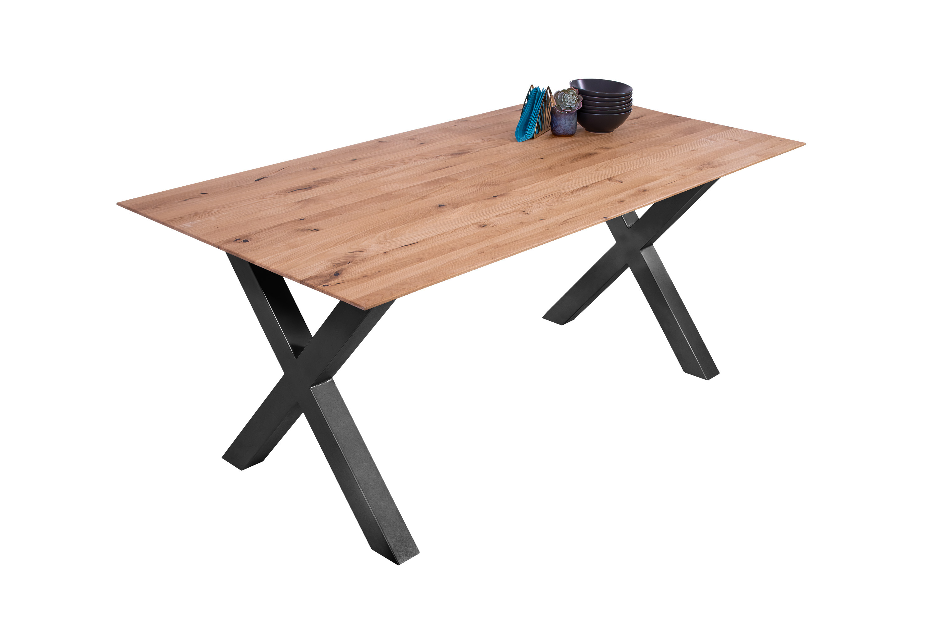 Esszimmertisch Schweizer Kante eckig massiv & geölt Eiche 200x100 schwarz X-Gestell Lotte Esszimmertisch Schweizer Kante eckig massiv & geölt Eiche 200x100 schwarz X-Gestell Lotte