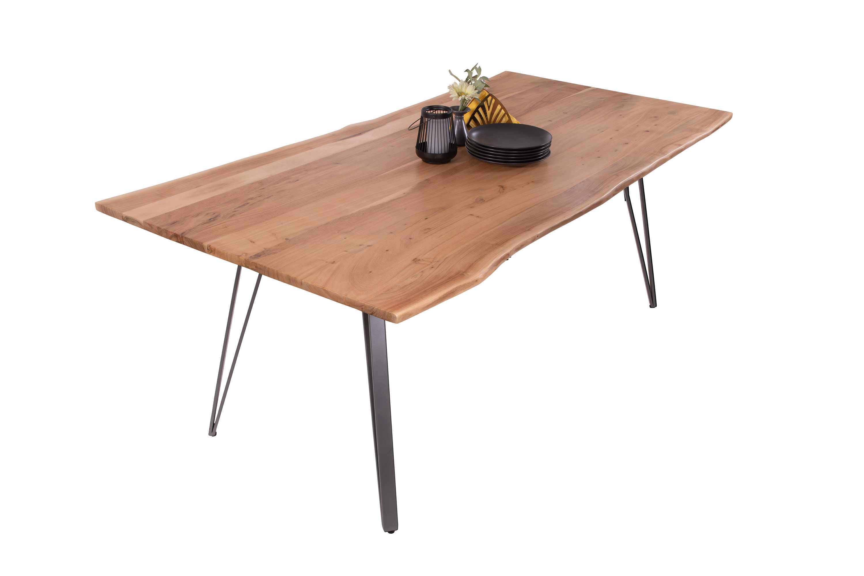 Esstisch Baumkante 240 x 100 cm Akazie massiv naturfarben Metallgestell Silber CELIA Esstisch Baumkante 240 x 100 cm Akazie massiv naturfarben Metallgestell Silber CELIA