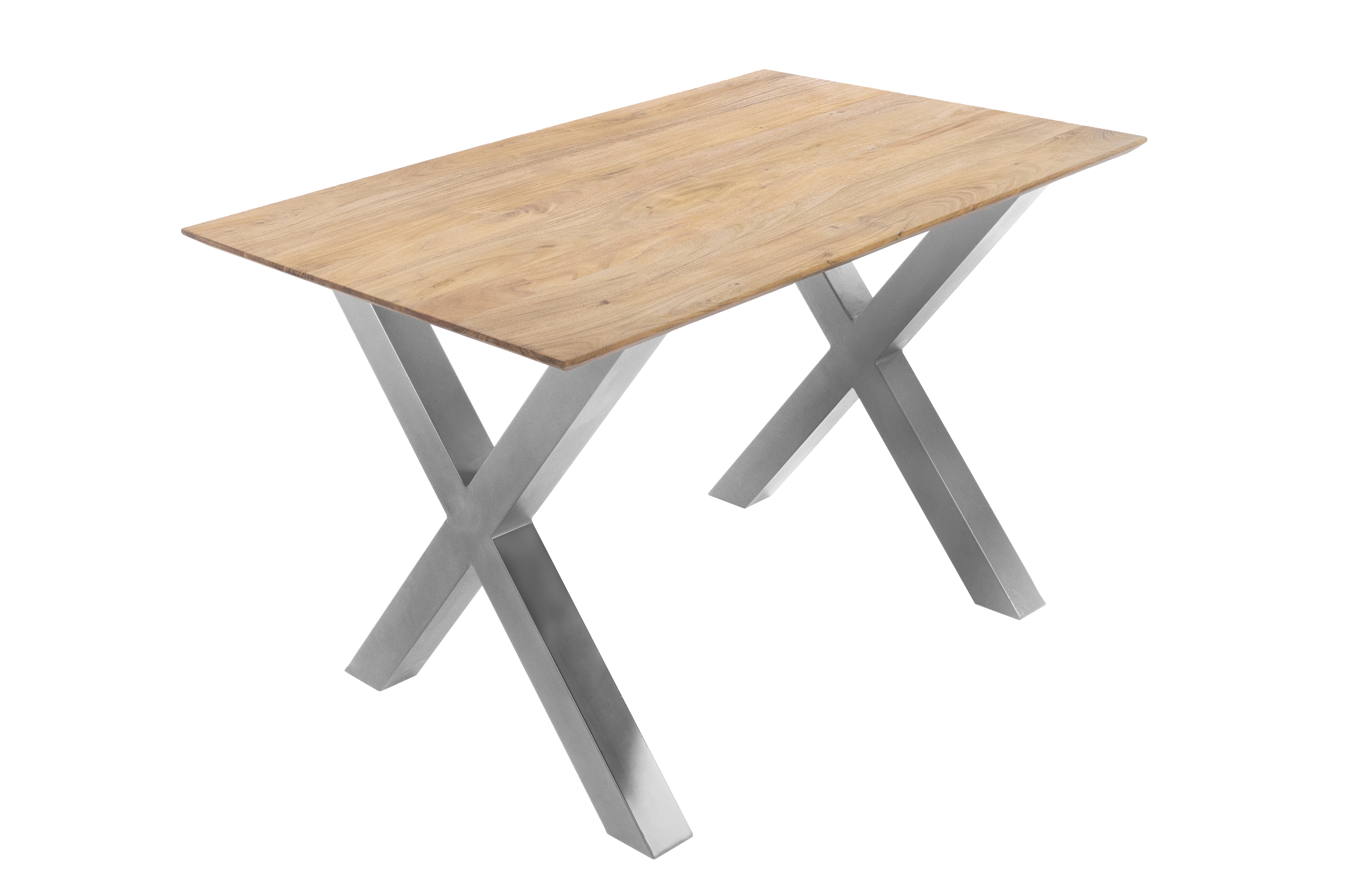 Esstisch 140x80cm Akazie massiv eichenfarben schweizer Kante X-Gestell silber DEAN Esstisch 140x80cm Akazie massiv eichenfarben schweizer Kante X-Gestell silber DEAN