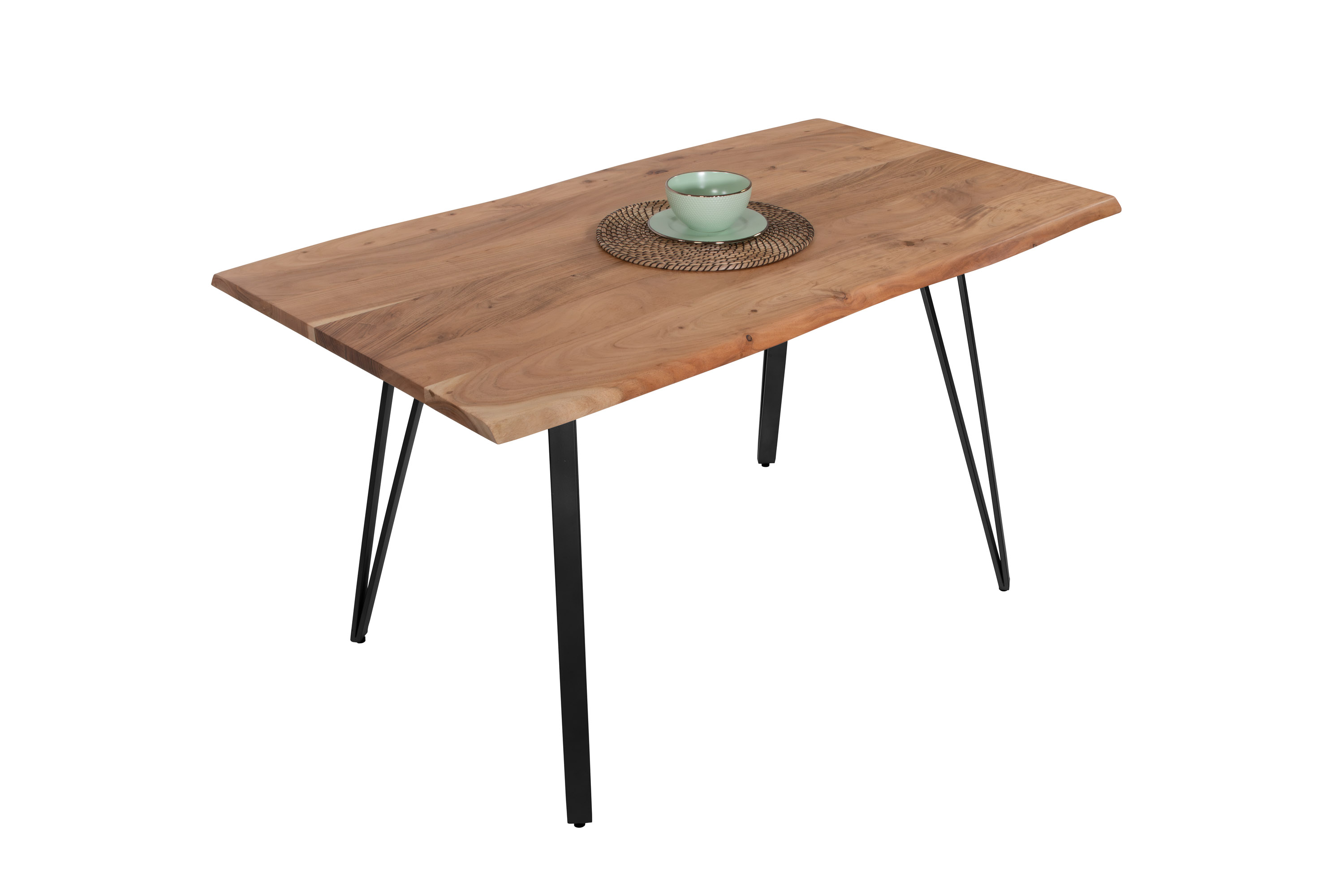 Esstisch Baumkante 160 x 85 cm Akazie massiv naturfarben Metallgestell Schwarz CELIA Esstisch Baumkante 160 x 85 cm Akazie massiv naturfarben Metallgestell Schwarz CELIA