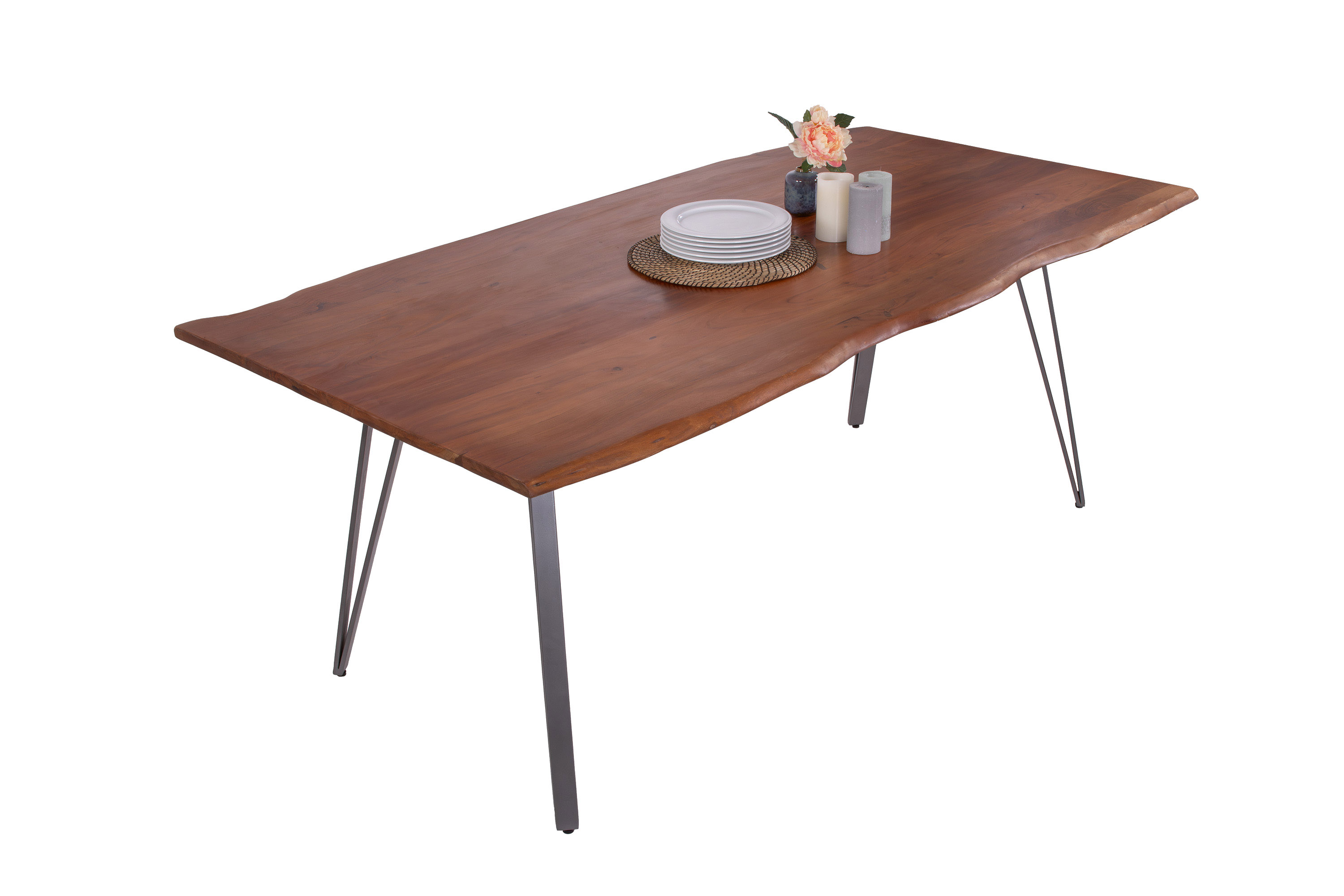 Esstisch Baumkante 180 x 90 cm Akazie massiv nussbaumfarben Metallgestell Silber CELIA Esstisch Baumkante 180 x 90 cm Akazie massiv nussbaumfarben Metallgestell Silber CELIA