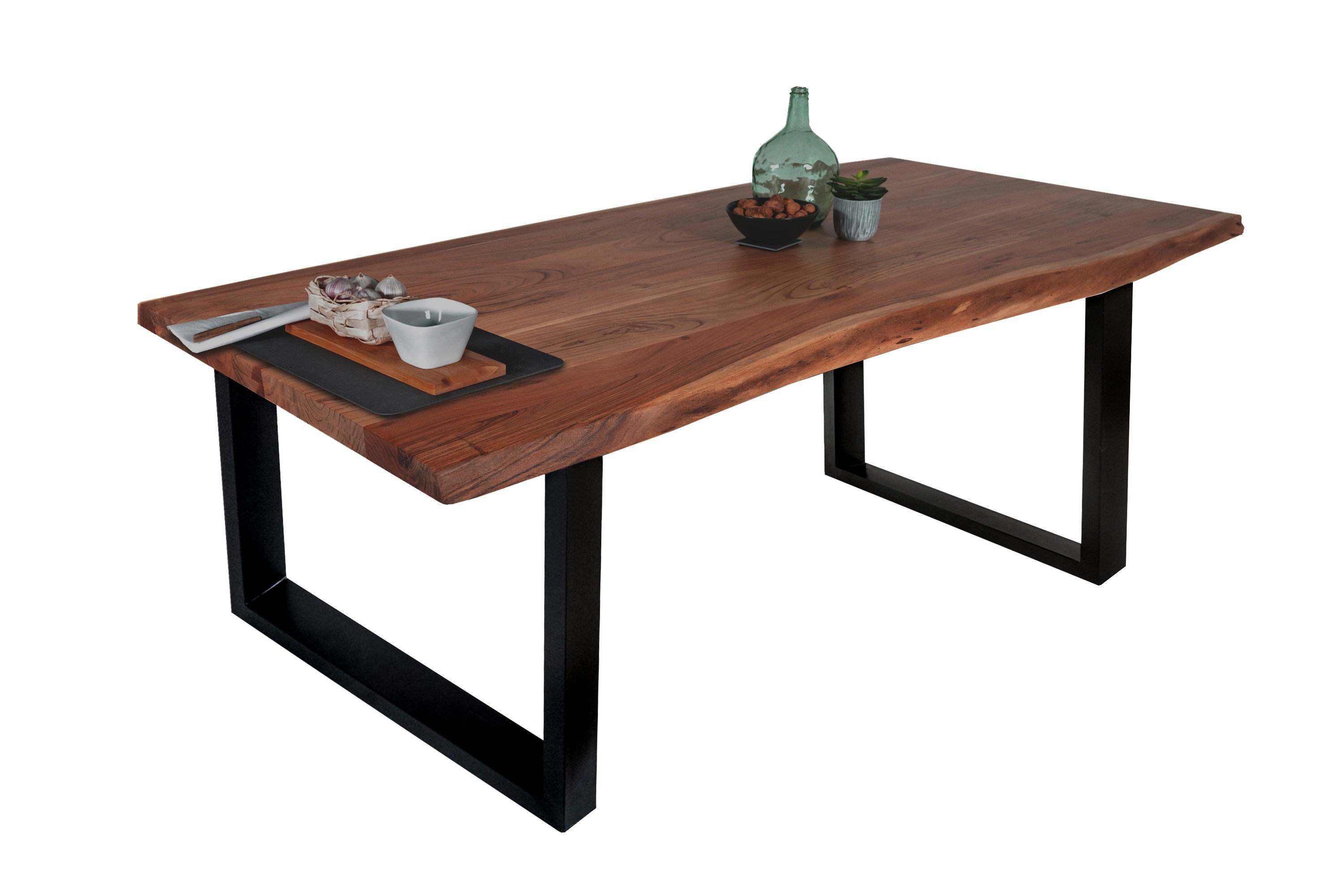 Esstisch Baumkante massiv Akazie Nussbaum 140 x 80 U-Gestell schwarz THEA