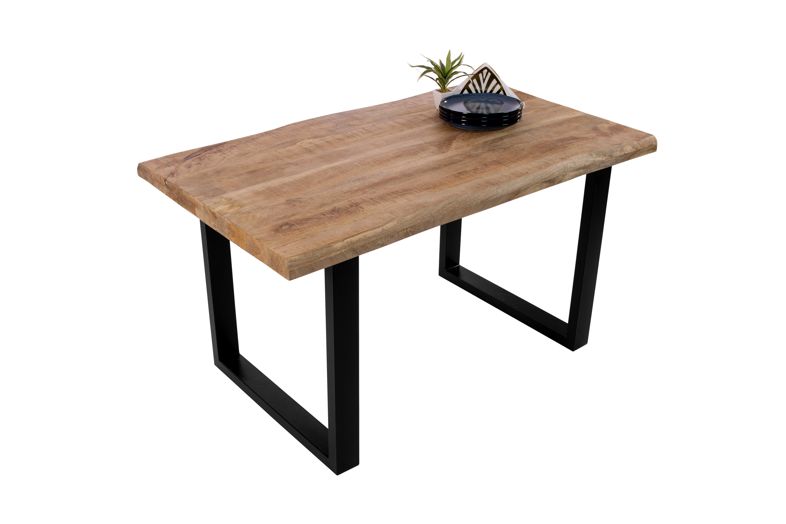 Esstisch Baumkante massiv Mango honigfarben 160 x 85 U-Gestell schwarz CALI