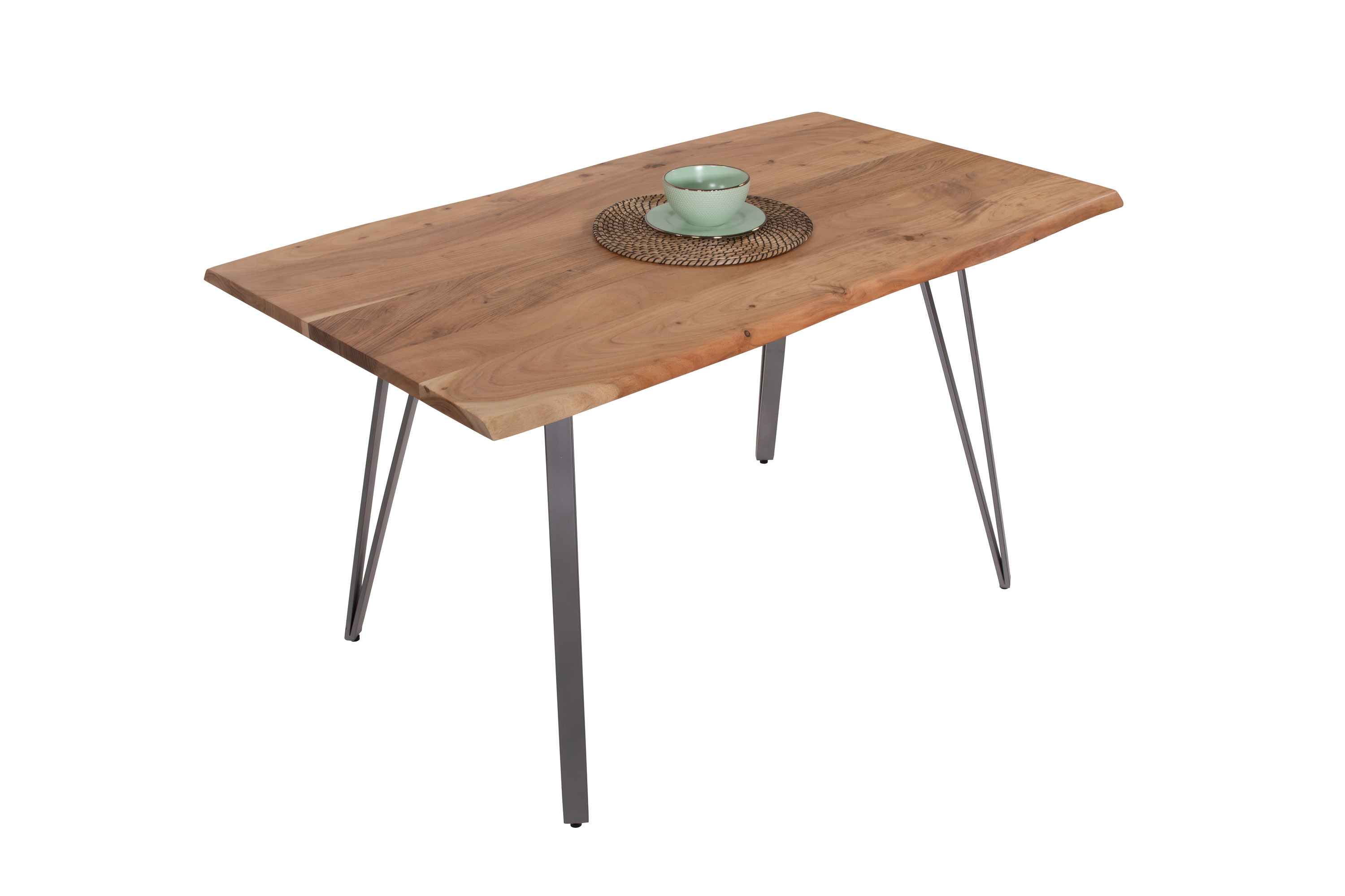 Esstisch Baumkante 160 x 85 cm Akazie massiv naturfarben Metallgestell Silber CELIA Esstisch Baumkante 160 x 85 cm Akazie massiv naturfarben Metallgestell Silber CELIA