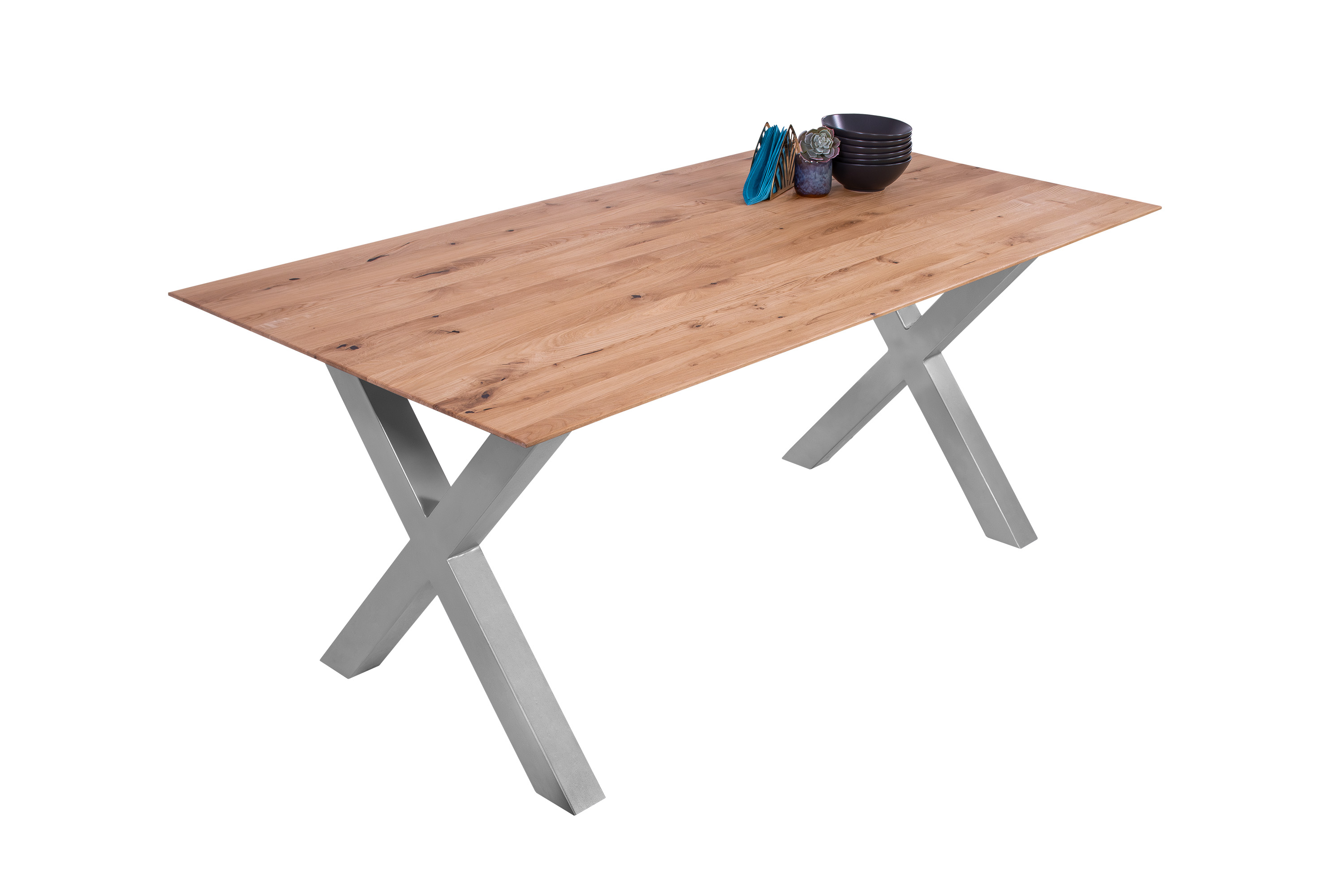 Esszimmertisch Schweizer Kante eckig massiv & geölt Eiche 160x85 silber X-Gestell Lotte Esszimmertisch Schweizer Kante eckig massiv & geölt Eiche 160x85 silber X-Gestell Lotte