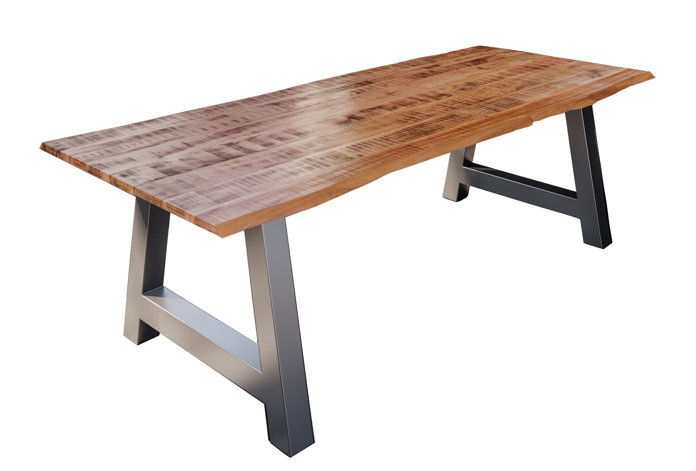 Esstisch Baumkante Massiv Mango naturfarben 240 x 100 silber A-Gestell DORA Esstisch Baumkante Massiv Mango naturfarben 240 x 100 silber A-Gestell DORA