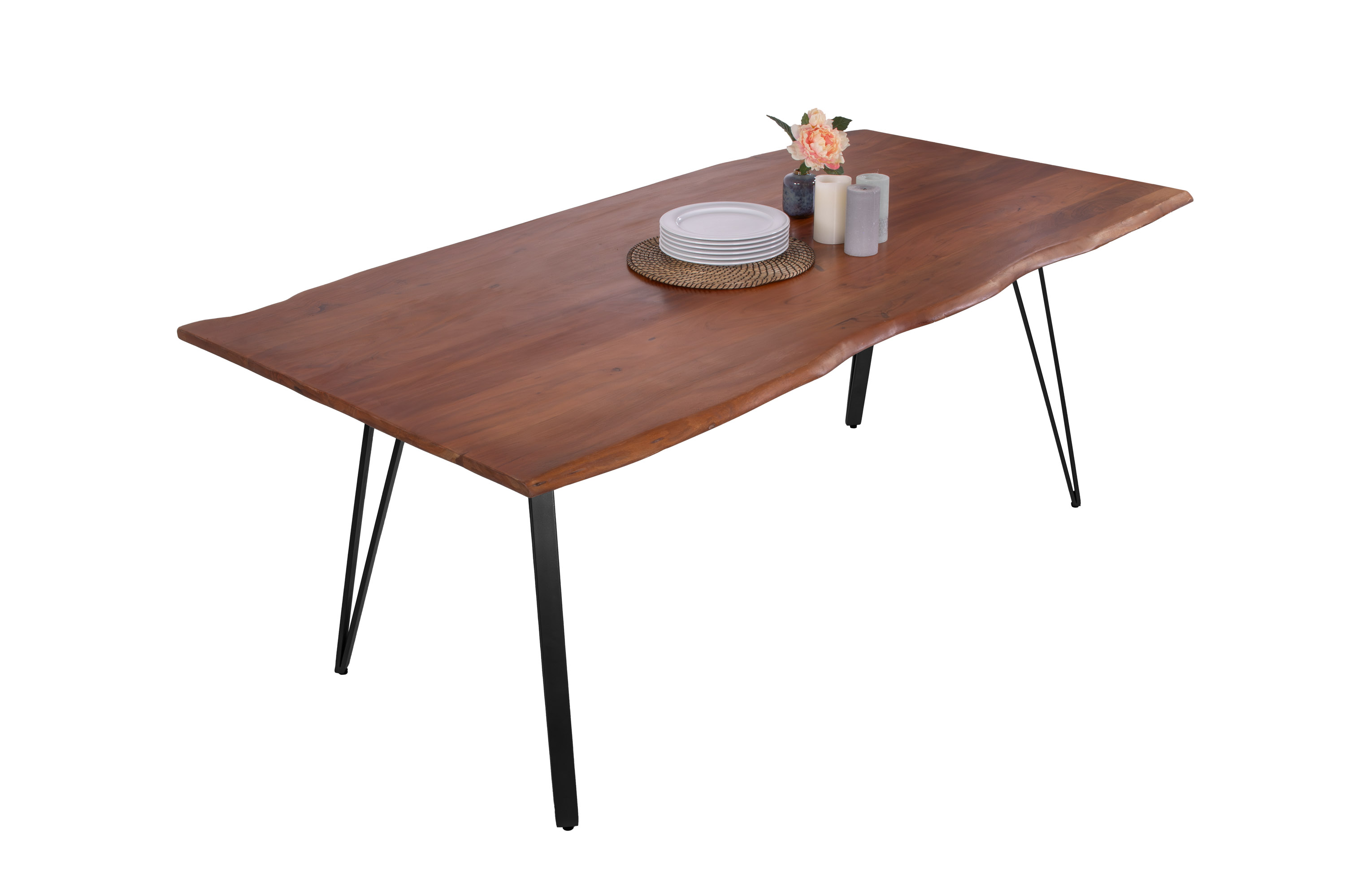 Esstisch Baumkante 240 x 100 cm Akazie massiv nussbaumfarben Metallgestell Schwarz CELIA Esstisch Baumkante 240 x 100 cm Akazie massiv nussbaumfarben Metallgestell Schwarz CELIA