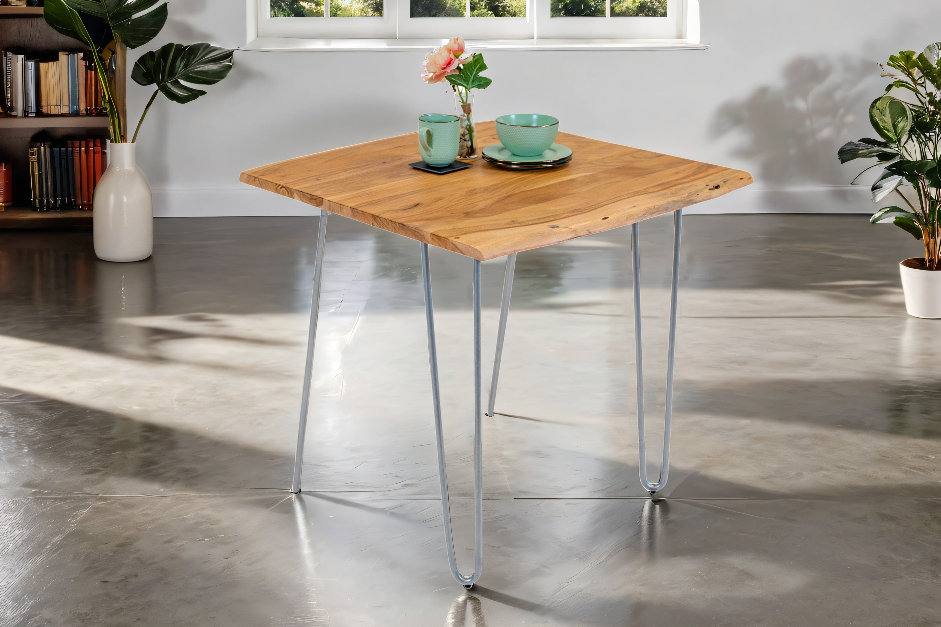 Esstisch Baumkante massiv Akazie natur 90x90 Hairpin-Gestell silber HANNAH Esstisch Baumkante massiv Akazie natur 90x90 Hairpin-Gestell silber HANNAH