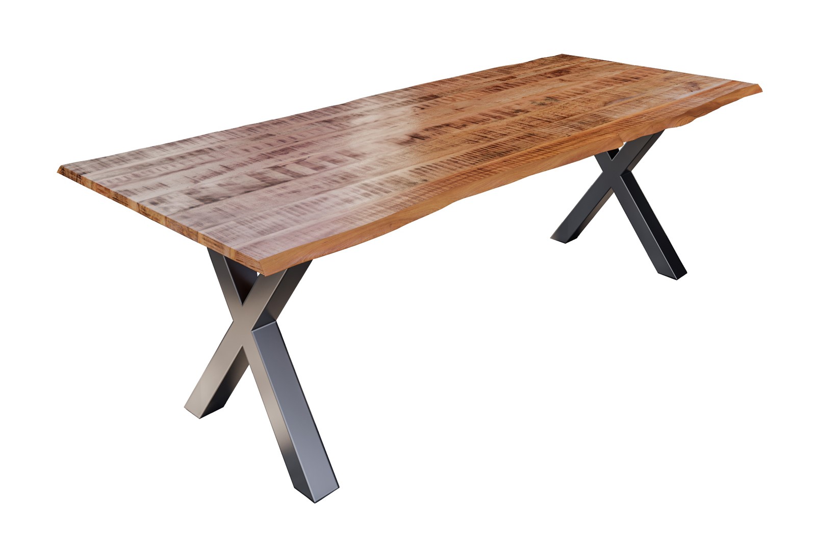 Esstisch Baumkante Massiv Mango naturfarben 240 x 100 silber X-Gestell DORA Esstisch Baumkante Massiv Mango naturfarben 240 x 100 silber X-Gestell DORA